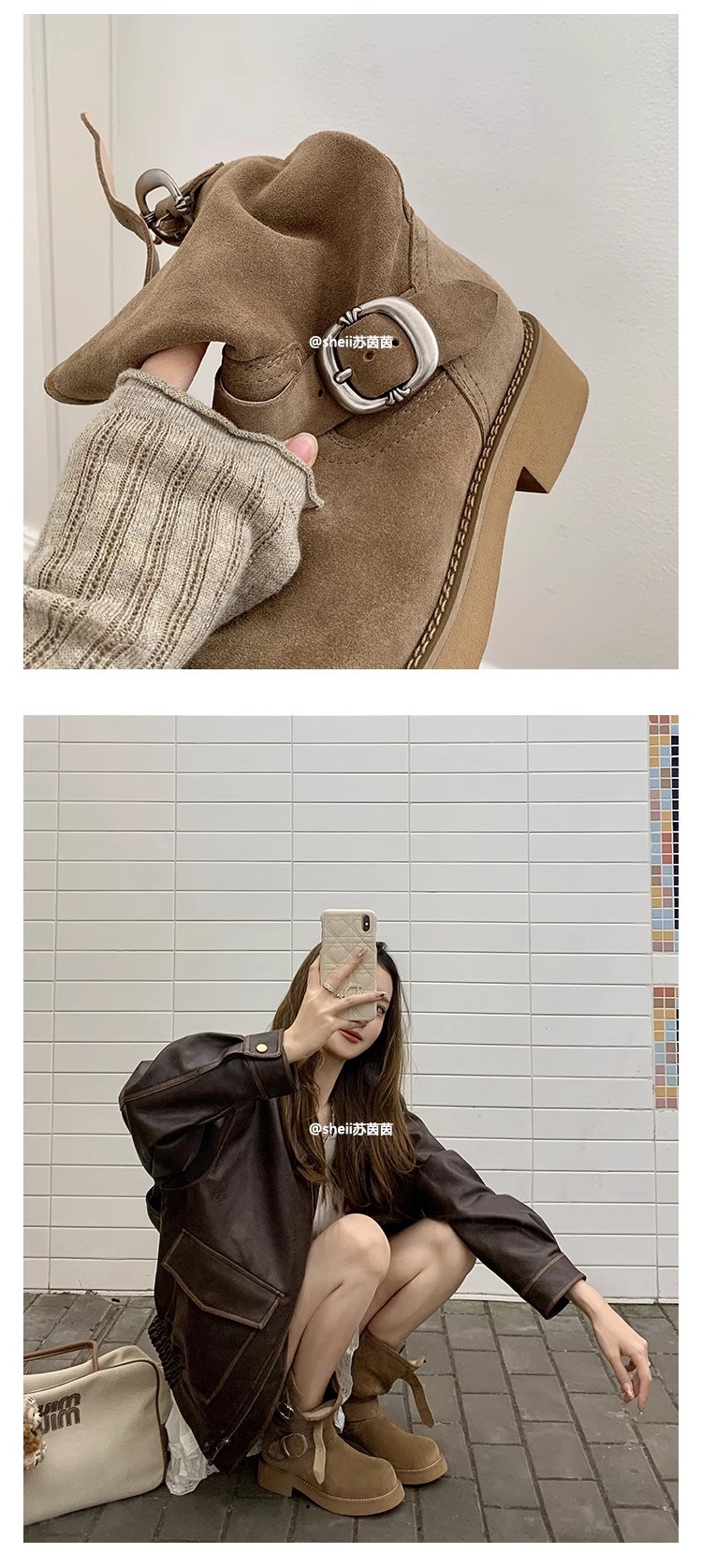 sheii苏茵茵同款！沙丘~超软糯厚底机车扣带短靴女马丁靴堆堆靴详情33