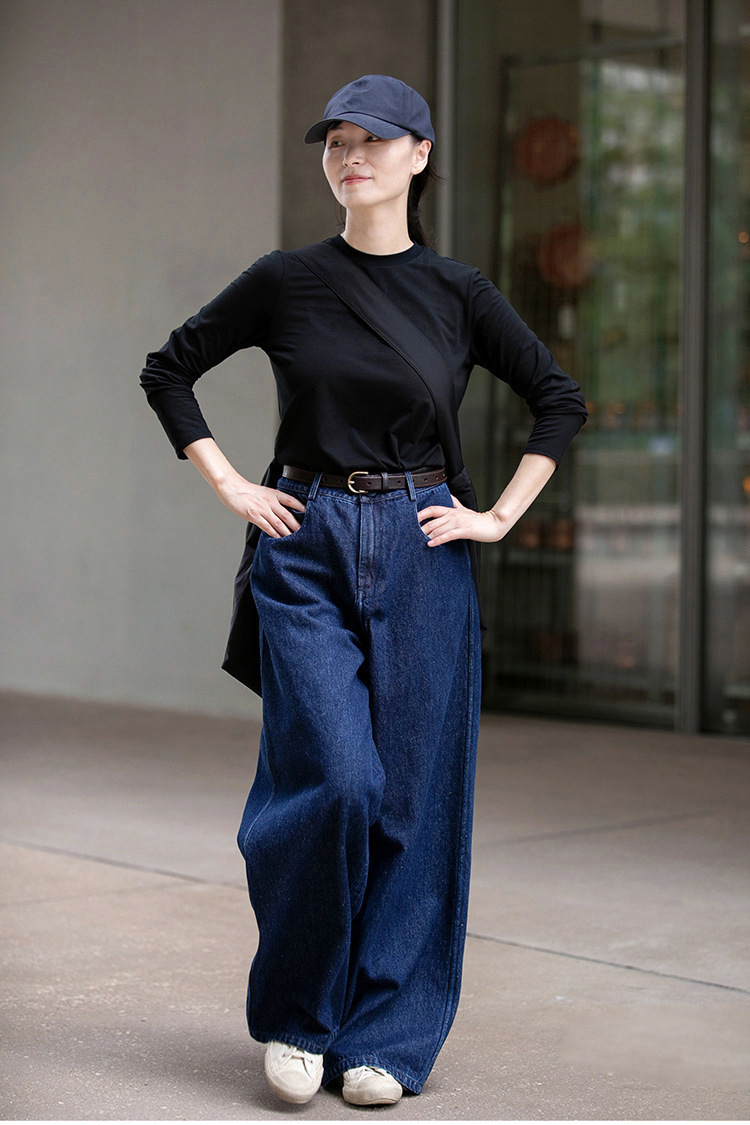 A niche all-season deep indigo blue mid-waisted loose and versatile wide-leg jeans pic 19