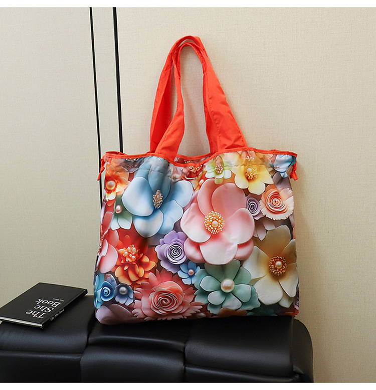 大容量花朵印花单肩包防水购物袋尼龙外出托特包时尚复古手提包详情33
