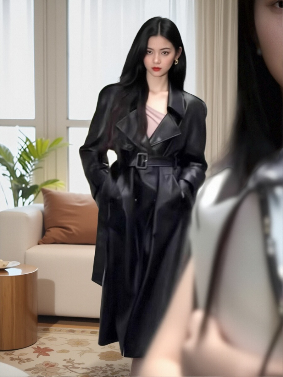 杨超越同款外贸黑色风衣女高级感2024新款长款高个子PU皮外套大衣详情4