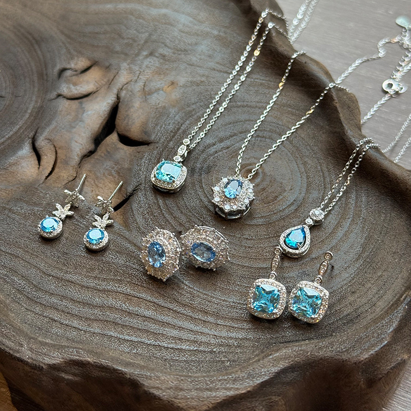 Blue necklace stud earrings collection, all-silver necklace, exquisite and elegant commuting collarbone chain, s925 silver versatile jewelry pic 8