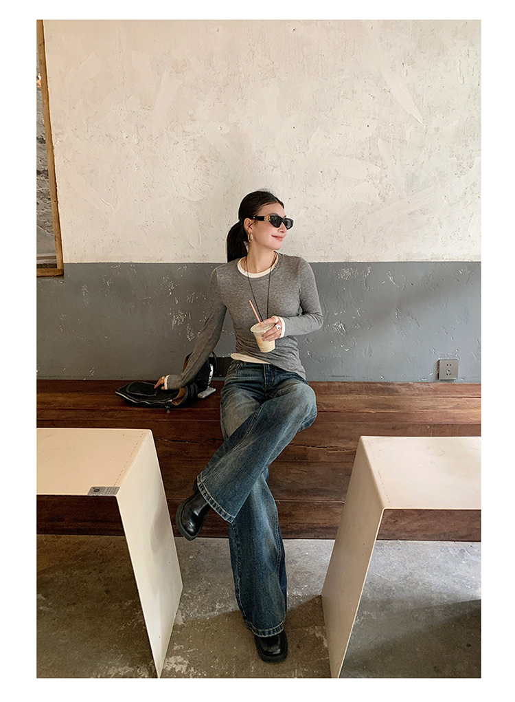 【今茵】新款美式复古水洗做旧中低腰无弹微宽松喇叭拖地牛仔裤女详情16