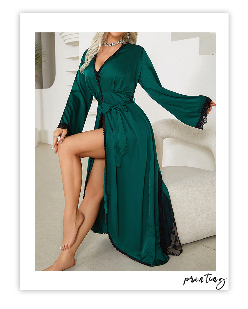 New cross-border light luxury long-sleeved V-neck satin lace patchwork long bathrobe, bathrobe and home wear for women, 657 pic 4
