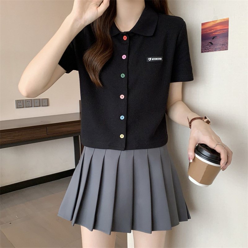夏季大码胖mm学院风减龄彩色扣polo领正肩黑色短袖T恤女小衫上衣详情16