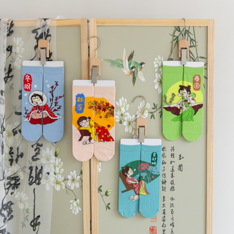 国潮袜子女原创设计古风水墨画AB鸳鸯女棉袜敦煌飞天白蛇传潮流中筒袜详情7
