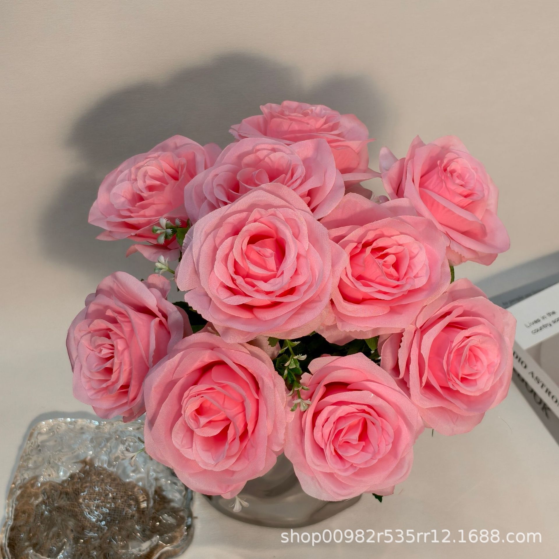 厂家批发10头玫瑰仿真花婚庆婚礼堂装饰玫瑰花假花外贸跨境西洋玫详情5