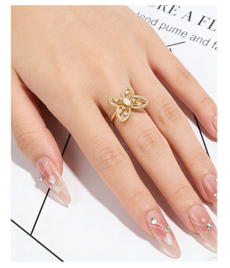 Fashionable, light luxury, dynamic butterfly opening ring, copper alloy, real gold electroplated, slightly inlaid zircon, exquisite adjustable ring pic 12