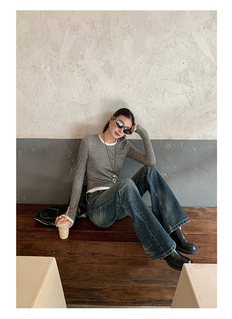 【今茵】新款美式复古水洗做旧中低腰无弹微宽松喇叭拖地牛仔裤女详情12