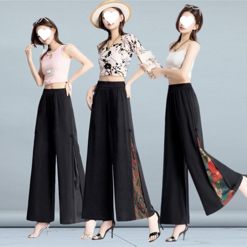 国潮【古风古韵阔腿裤】夏季新款中国风裙裤女高腰薄款绣花开叉阔腿裤详情3