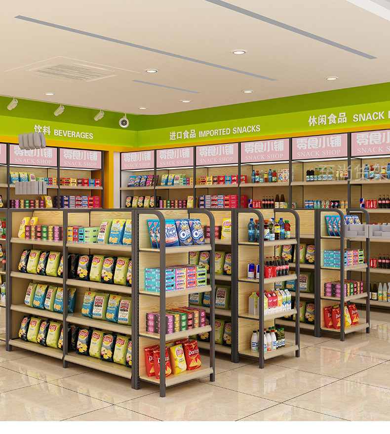 四柱木纹超市货架展示架便利店母婴店文具商店百货小卖部零食货架详情8