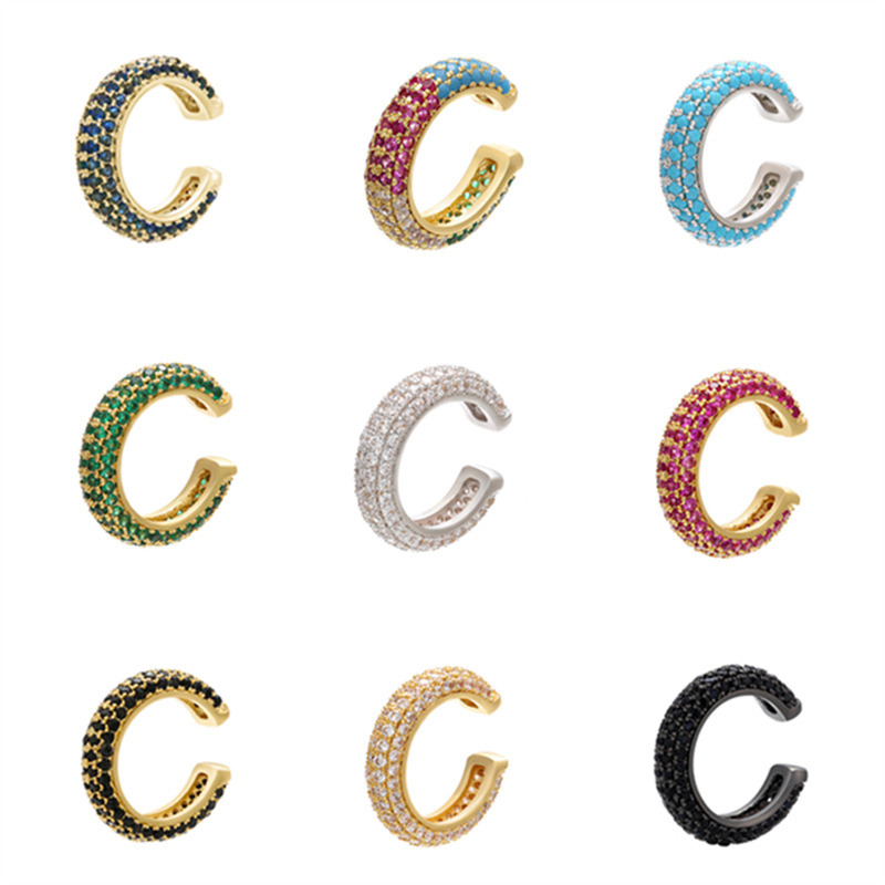 Beaded buckle jewelry, micro-inlaid color diamond ear bone clip, color zirconium simple style ear clip earrings, copper 18K gold-plated VE131 pic 1