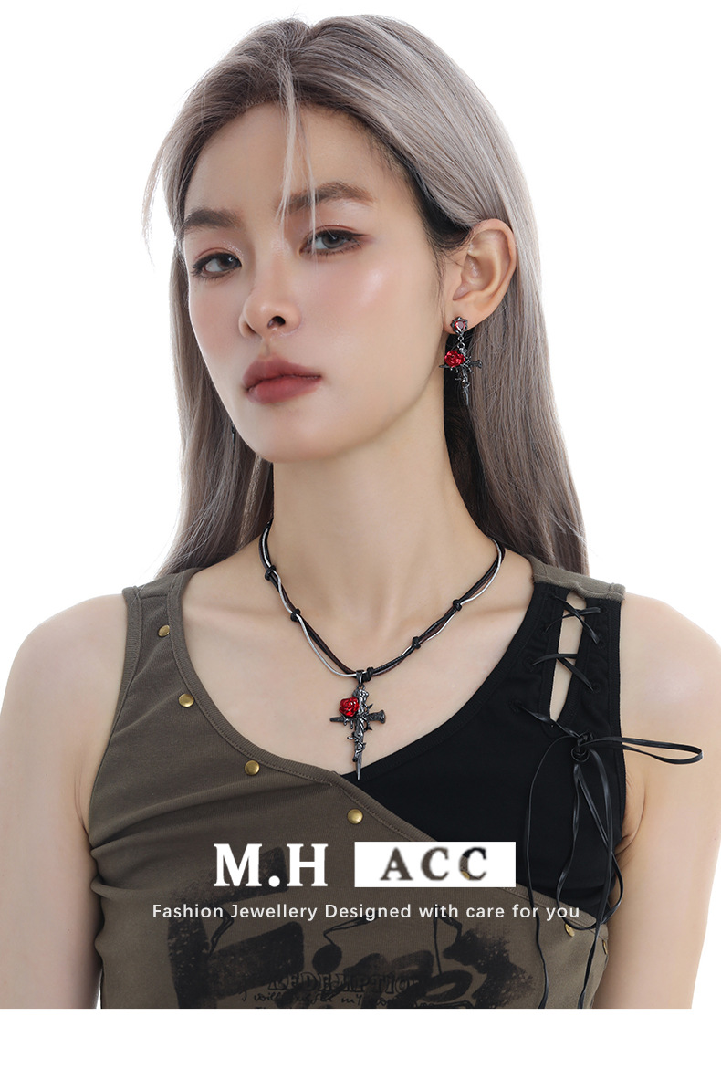 Dark Gothic style red rose entwined cross pendant necklace with a unique female design sense, black woven collarbone chain pic 3