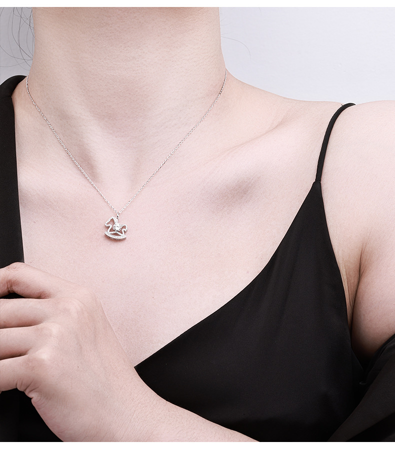 Fairy tale little Wooden Horse necklace, cute and artistic creative collarbone chain for women in summer, silver moissanite pendant, high-end feel, pure silver pic 4