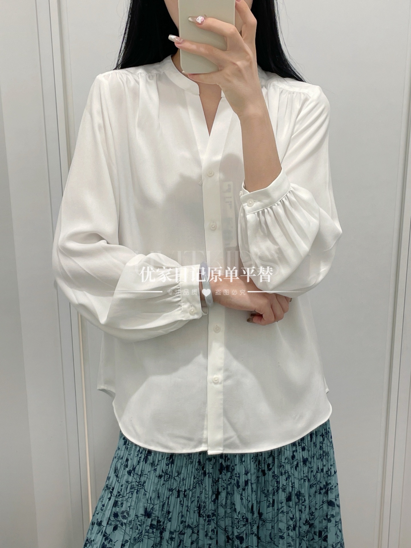 2024秋季新款女装半开领V领打褶衬衫薄款纯色百搭长袖空调衫469437详情7