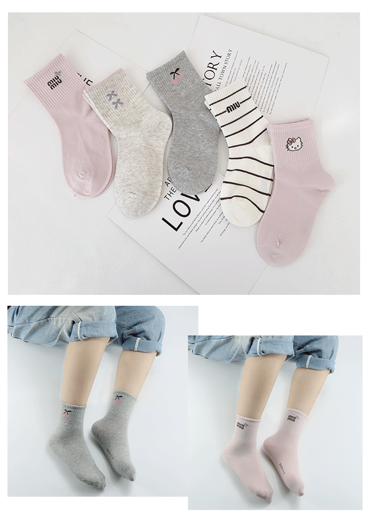 懿双双儿童袜子冬季新款韩版字母中筒袜精梳棉卡通蝴蝶结少女棉袜详情5