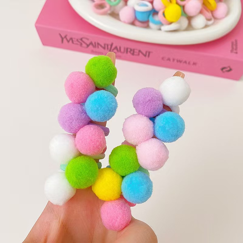 20-piece set ~ Pom-pom towel ring, candy-colored, cute, non-damaging to hair, hair tie, elastic band, versatile, sweet headwear wholesale pic 3