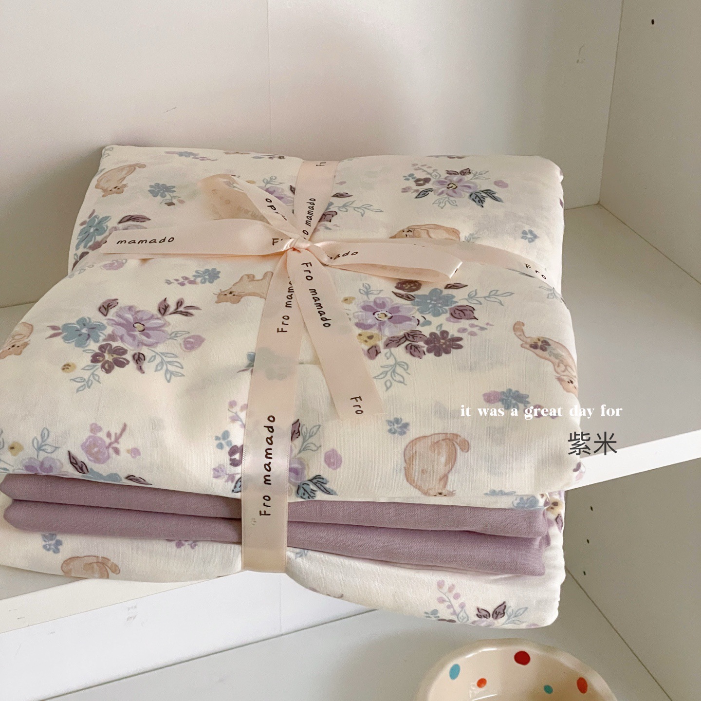 A set of three or four pieces with fresh small floral print double-layer yarn, pure cotton soft naked sleeping quilt cover and cartoon bedding pic 67
