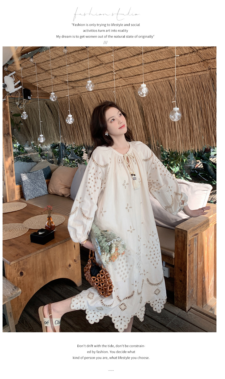 Real photo of a retro, gentle, cut-out embroidered V-neck apricot-colored dress, 2025 new seaside vacation style long-sleeved umbrella dress pic 28