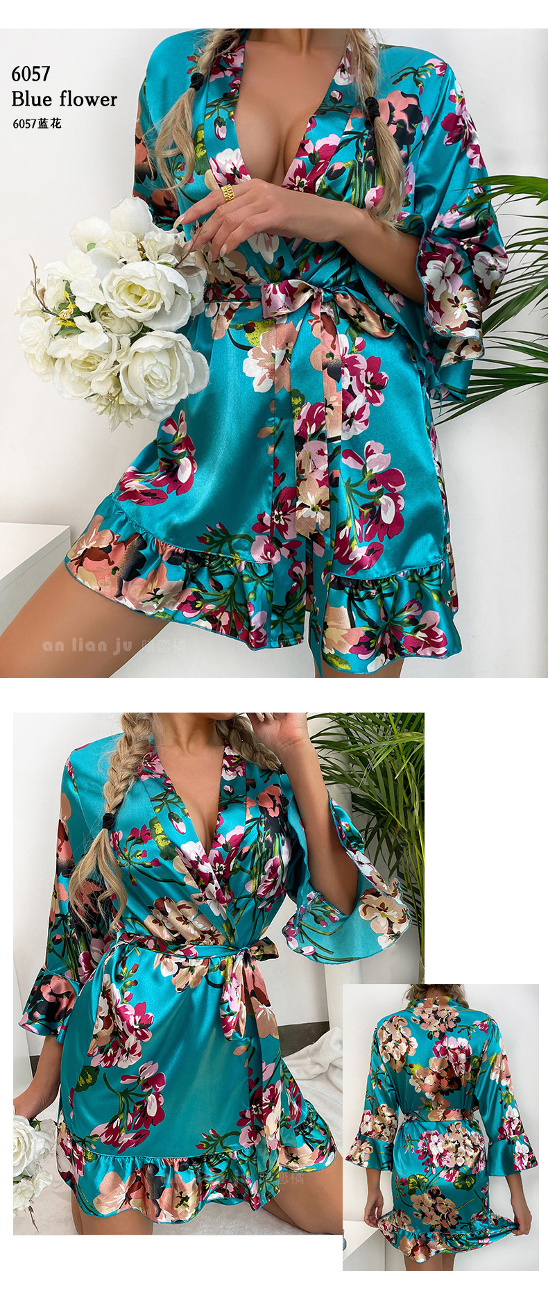 Amazon cross-border Sardinian printed leaf-edge pajamas for women, summer silk bathrobes and bathrobes for home wear 6057 pic 23