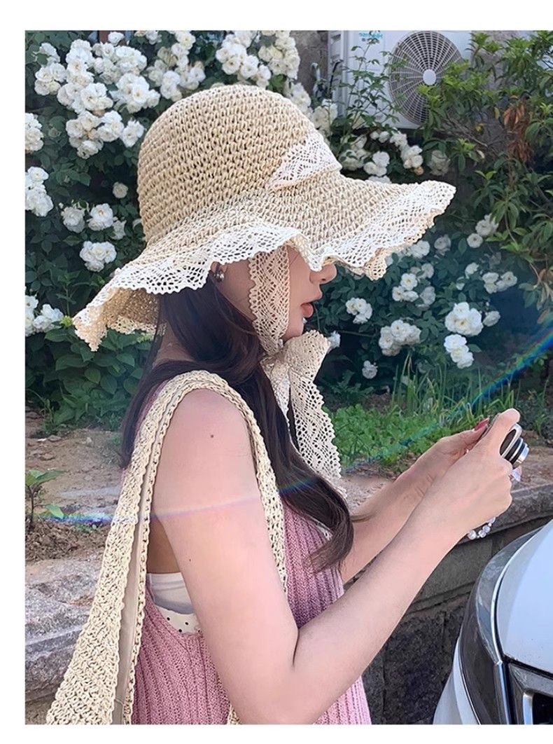 草帽ins绑带镂空草编帽女夏旅游防晒沙滩海边太阳帽女式遮阳帽详情7