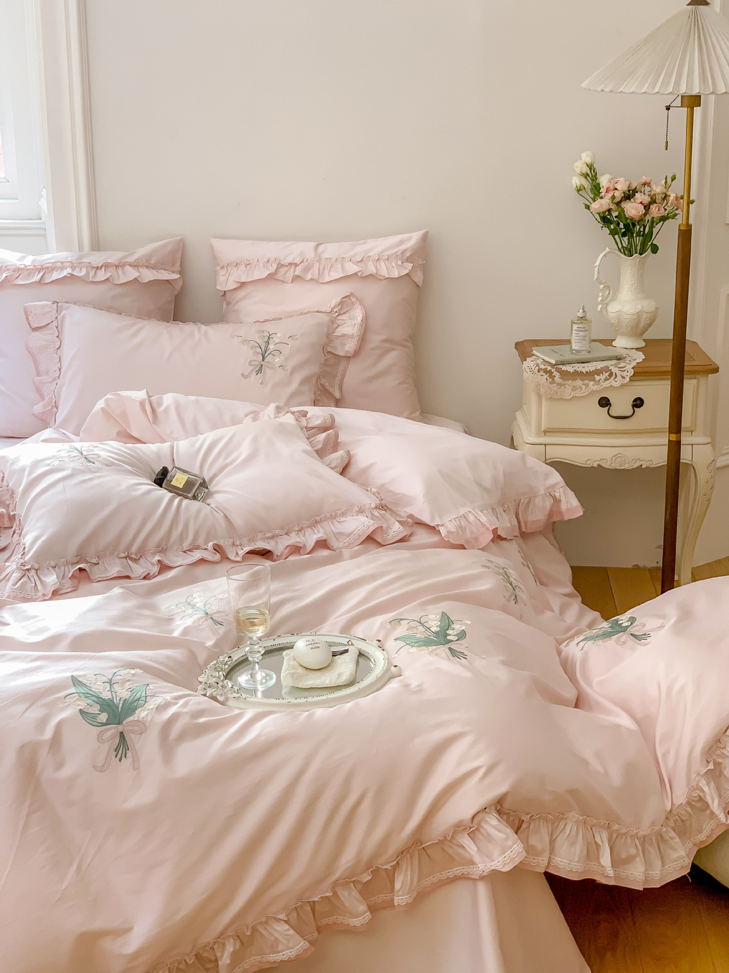 Classical embroidery double-piece natural color fabric with ruffled edges and rounded corners, 100S Australian cotton double-strand Gongbrocade, long-staple cotton four-piece set pic 20