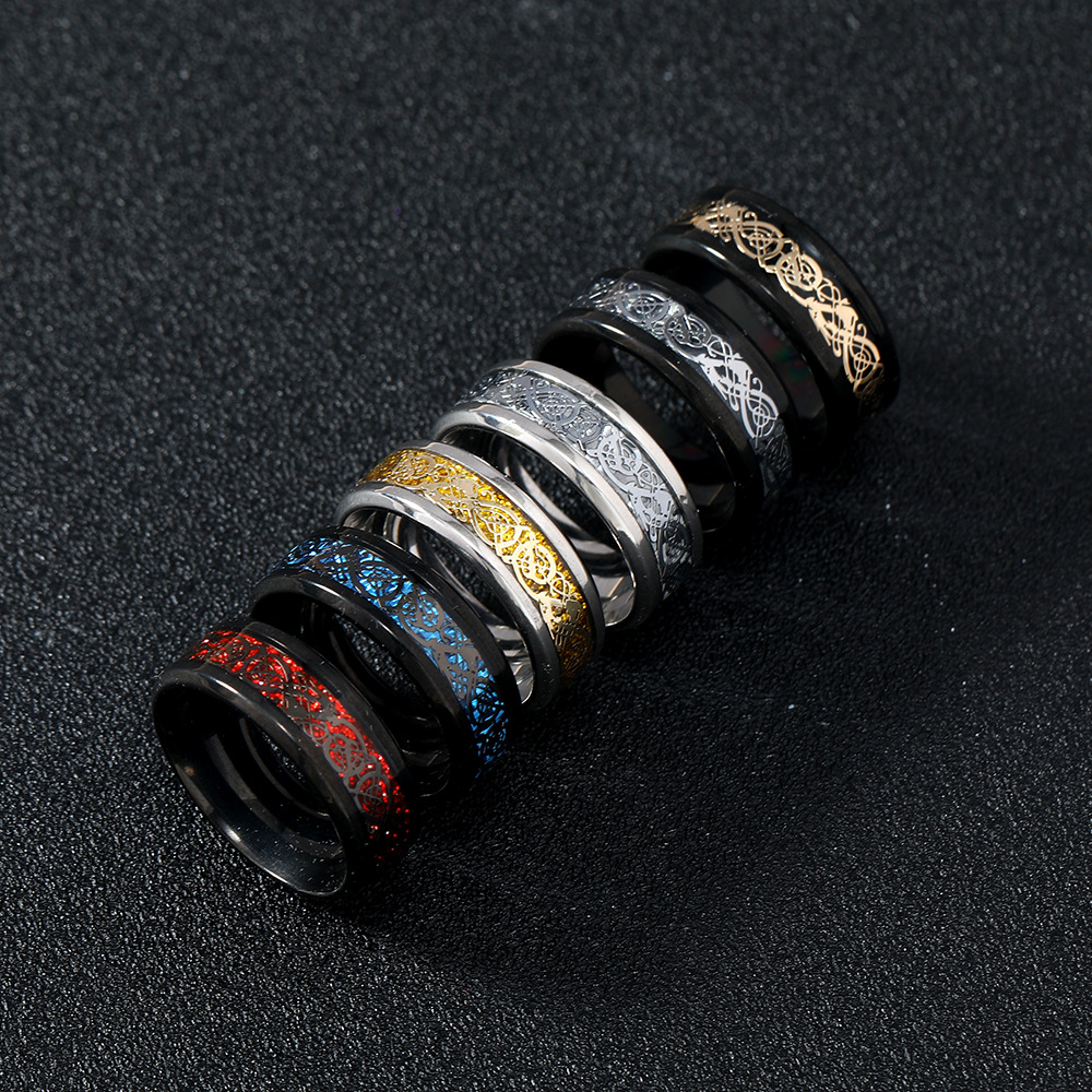 跨境热卖新品锈钢多色饰品 龙纹 龙片欧美时尚男士戒指源头厂家详情3