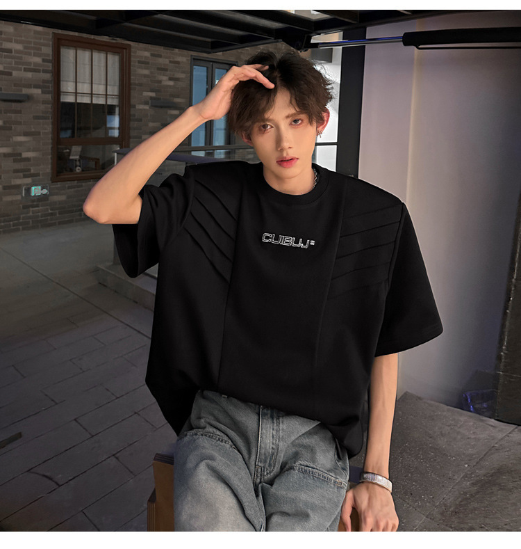 European and American high street original design sense T-shirt for men, multi-layered structure shoulder pad short-sleeved, summer American-style heavy half-sleeved pic 13