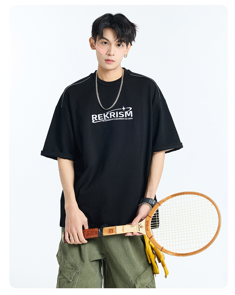 Heavy cotton short-sleeved T-shirt for men, Spring/Summer 2025, American letter print zipper design, loose and versatile base layer pic 15