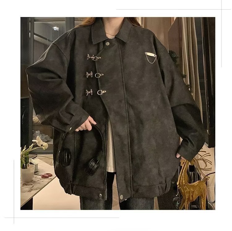 美式复古翻领外套女chic春秋潮流休闲宽松设计感PU皮学生夹克上衣详情18