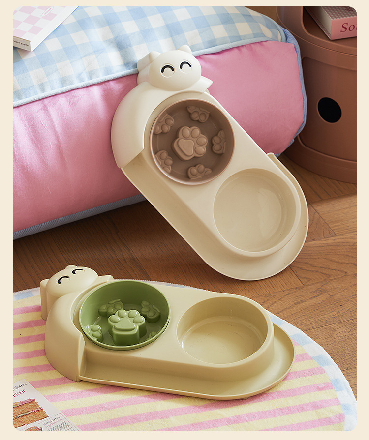 Multi-functional pet double-bowl cartoon with stainless steel bowl, pet feeding utensils, pet water and feeding two-in-one anti-slip bowl pic 9