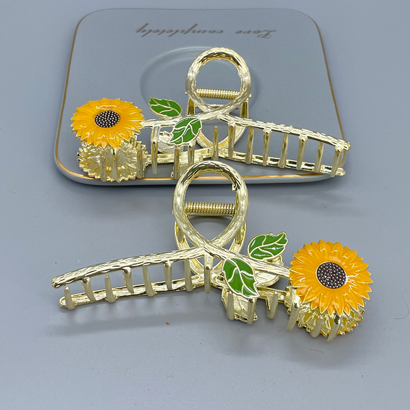 跨境新款滴油向日葵金属抓夹高级感花朵发夹后脑勺盘发鲨鱼夹发饰详情6
