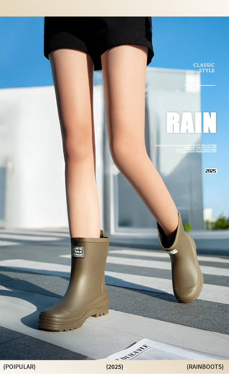 跨境中筒雨鞋女款厚底束口雨靴户外防滑涉水胶鞋露营赶海时尚水靴详情2
