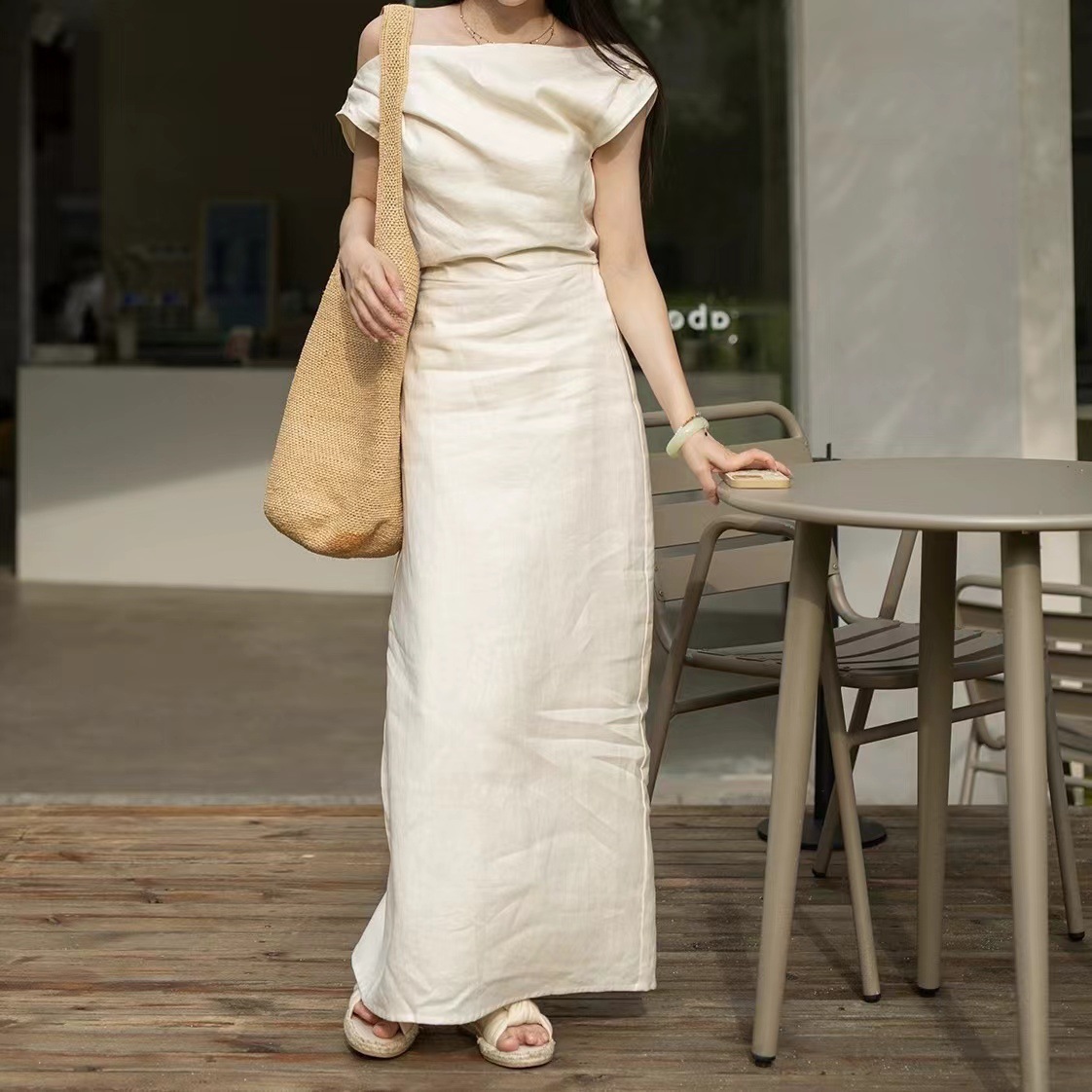 High-count pure linen French vacation-style design off-the-shoulder dress, new Chinese-style dress in stock pic 5
