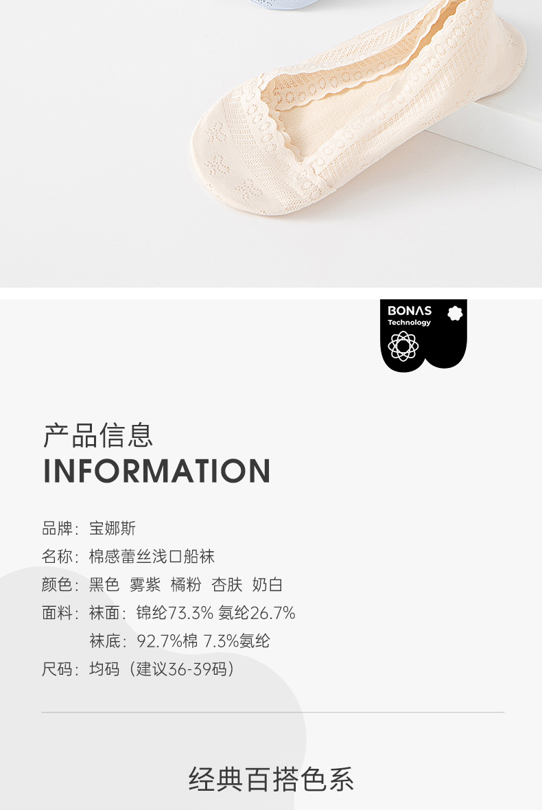 宝娜斯蕾丝浅口船袜不露边7A抗菌棉底夏季薄款防滑不掉跟短袜女士详情14