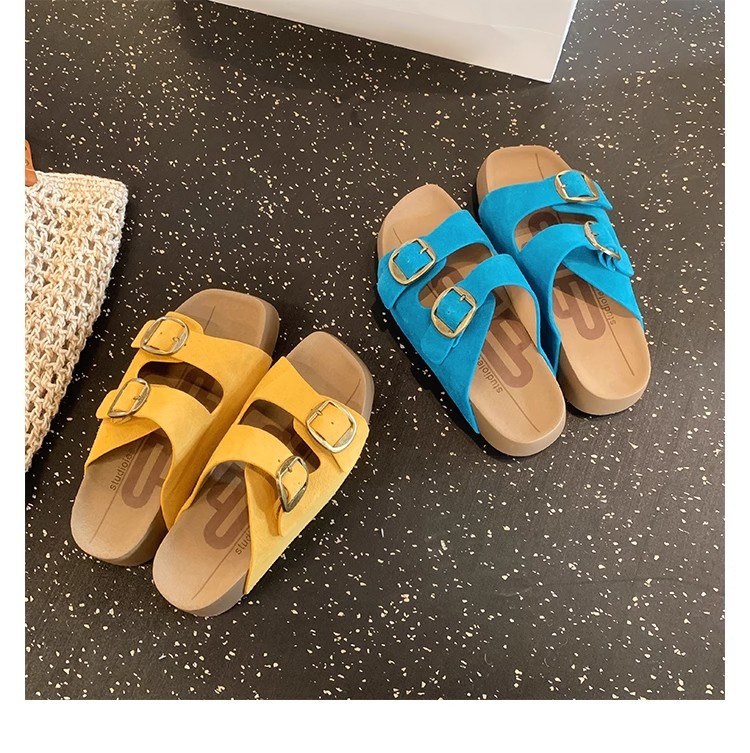 葡萄妈同款~ 真皮牛纹双扣带4.5cm厚底百搭懒人一脚蹬凉拖鞋女夏详情7