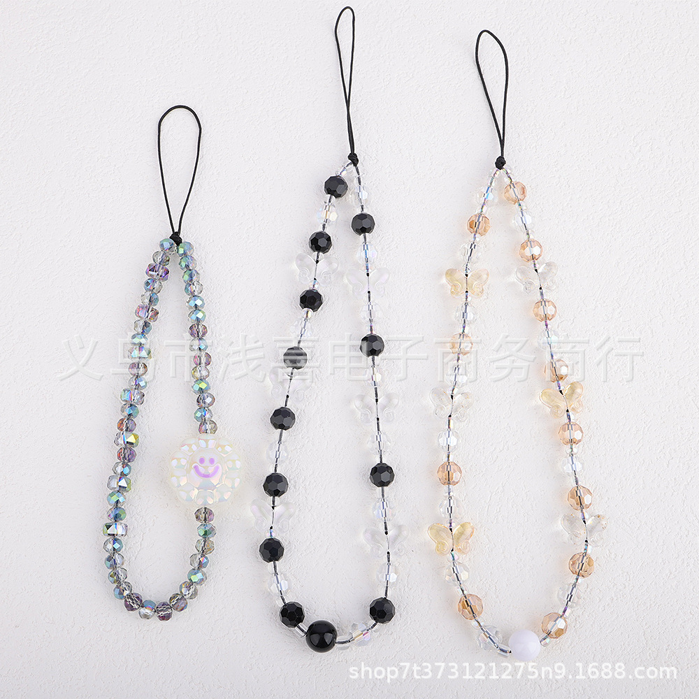 Hepburn style butterfly crystal mobile phone chain short lanyard, ins colorful round bead lanyard, ccd camera wrist pendant decoration pic 2