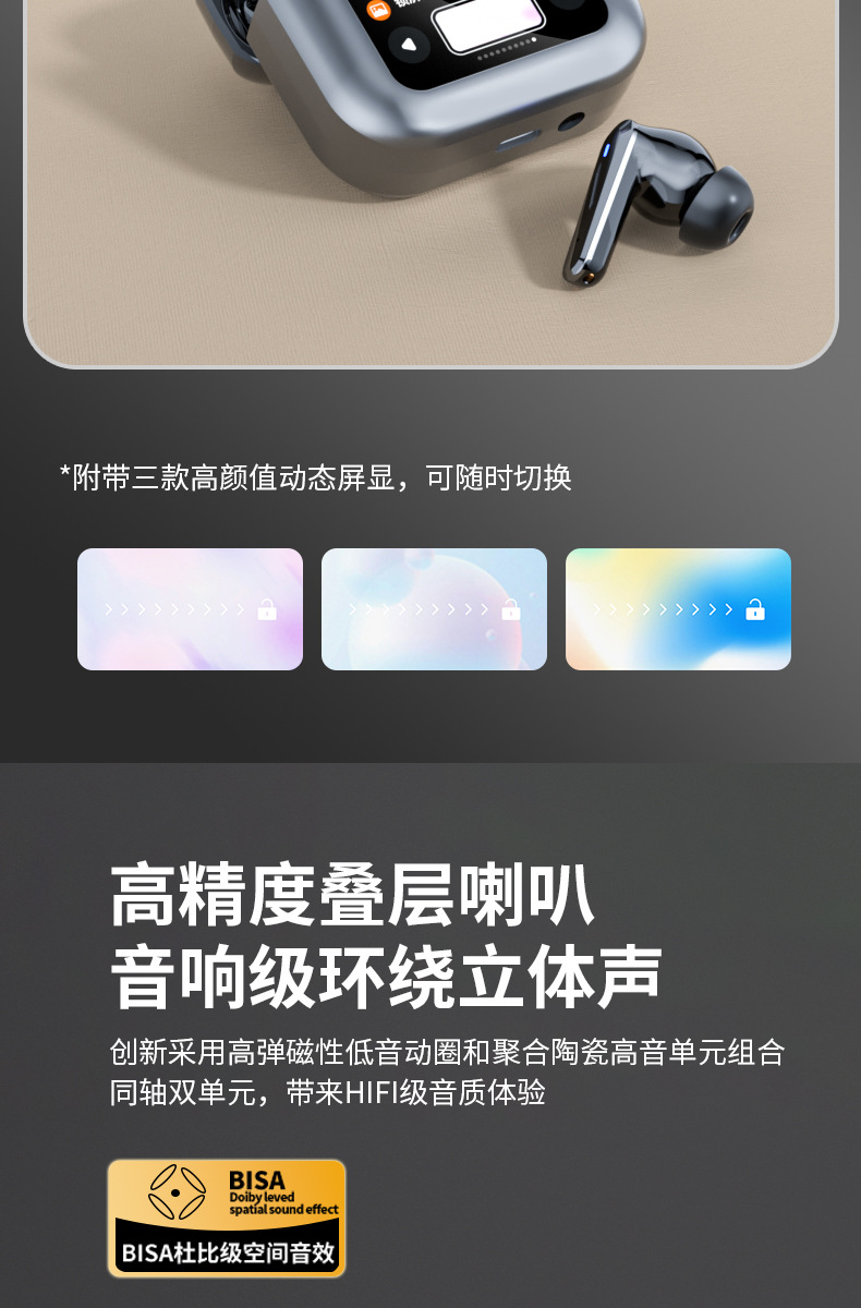 跨境爆款LCD屏降噪耳机全彩触屏蓝牙耳机ANC智能屏商务耳机抖音新详情11