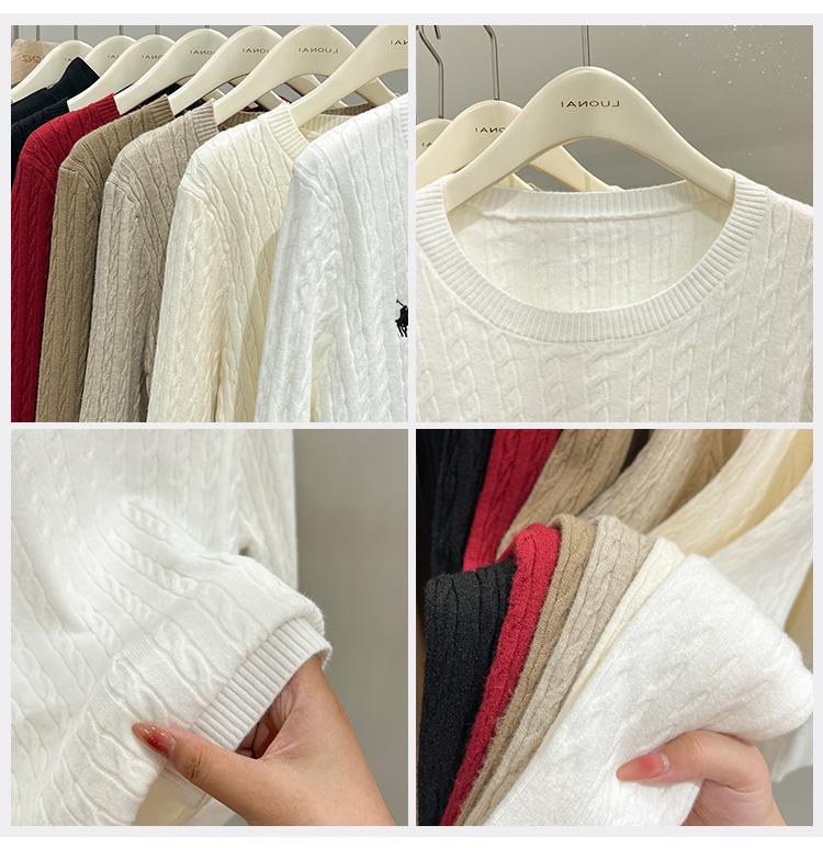 A loose embroidered knitted base layer for women can be paired with a new autumn and winter stylish long-sleeved white sweater with a twist pattern pic 4