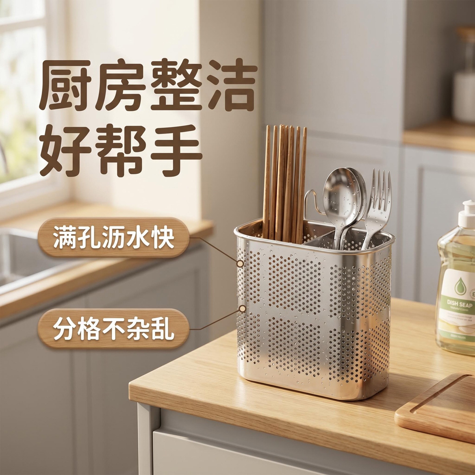 密孔双格筷子筒 不锈钢方形双格筷子筒沥水多功能筷子笼筷子架筷详情3