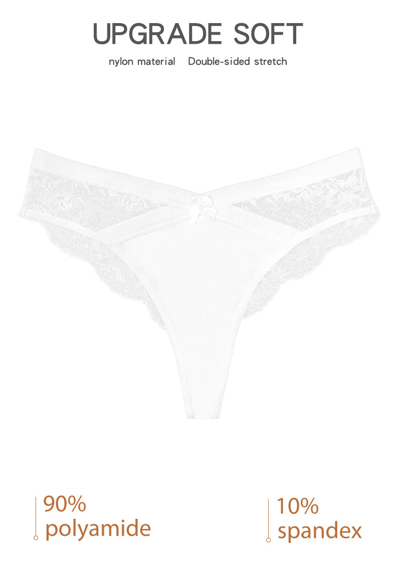 Olivia's Night跨境专供无痕丁字裤女纯棉裆白色蝴蝶结网纱设计透视低腰蕾丝内裤详情5
