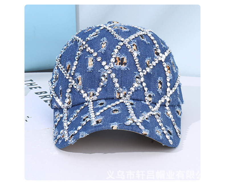 个性潮流牛仔破洞棒球帽时尚水钻菱格鸭舌帽街头潮人遮阳防晒帽子详情23