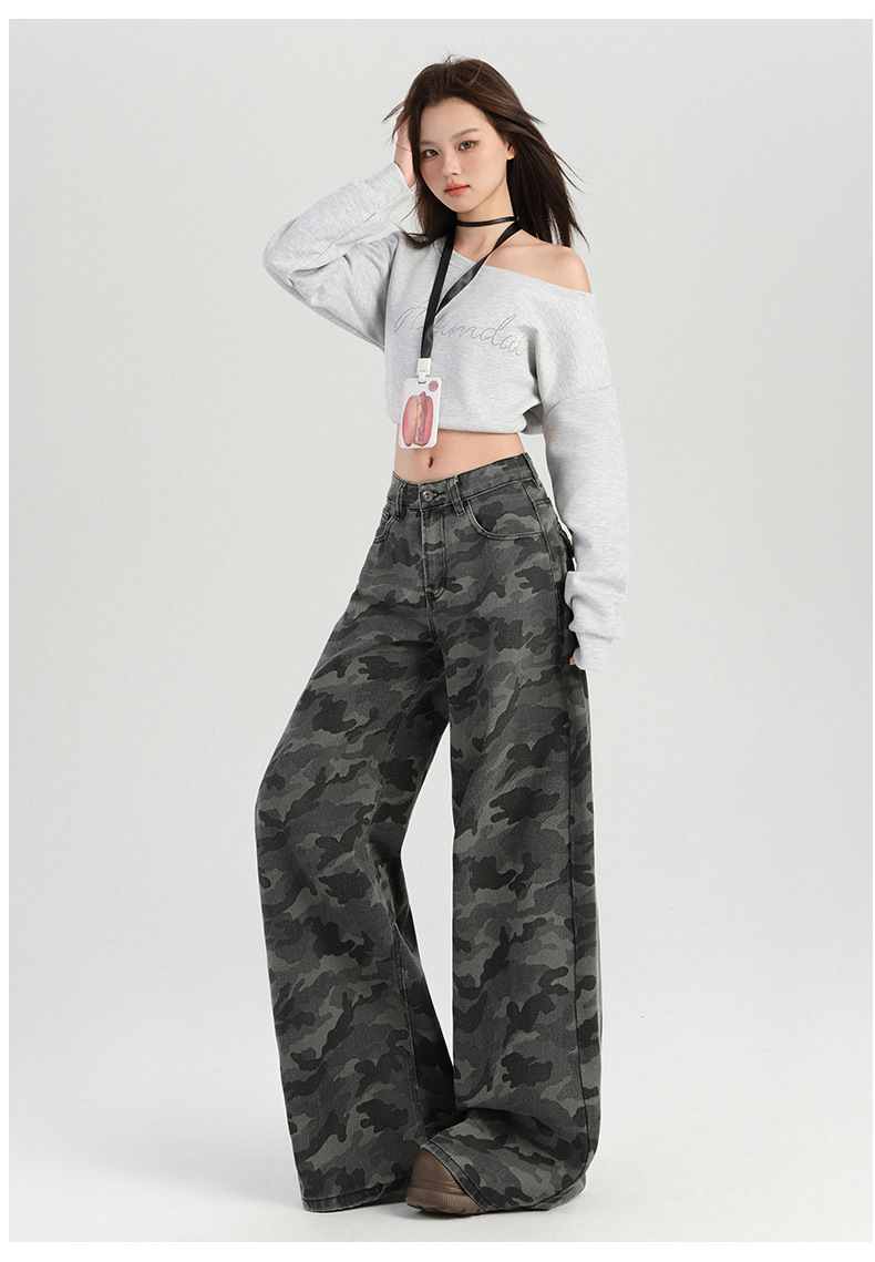 橙绢女装#美式辣妹迷彩高腰阔腿休闲裤女秋季新款高街显瘦拖地裤详情26