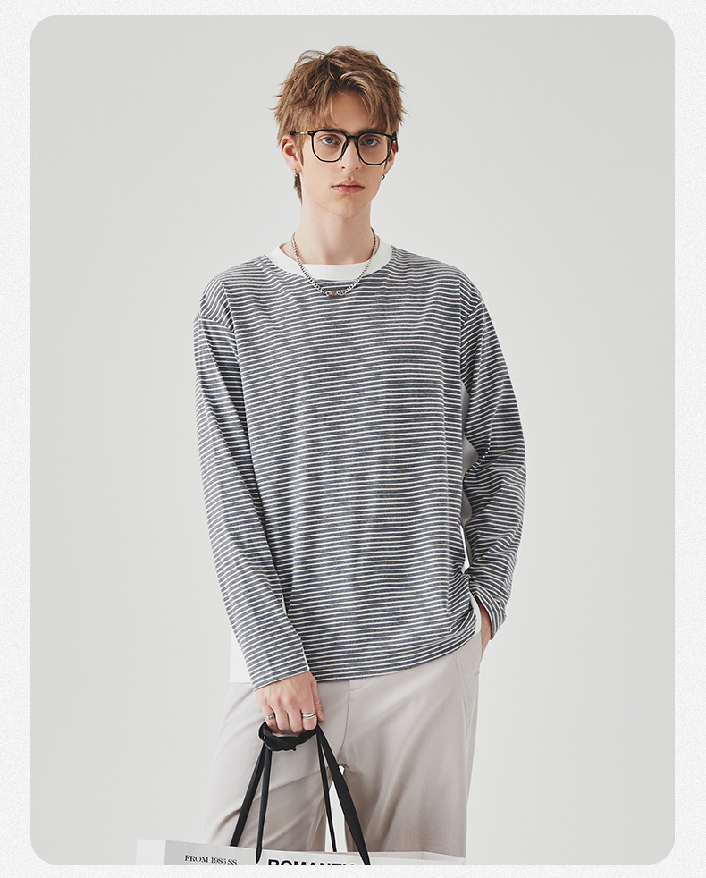 APO男装|撞色条纹长袖T恤男士春秋季潮牌宽松圆领内搭上衣打底衫详情9