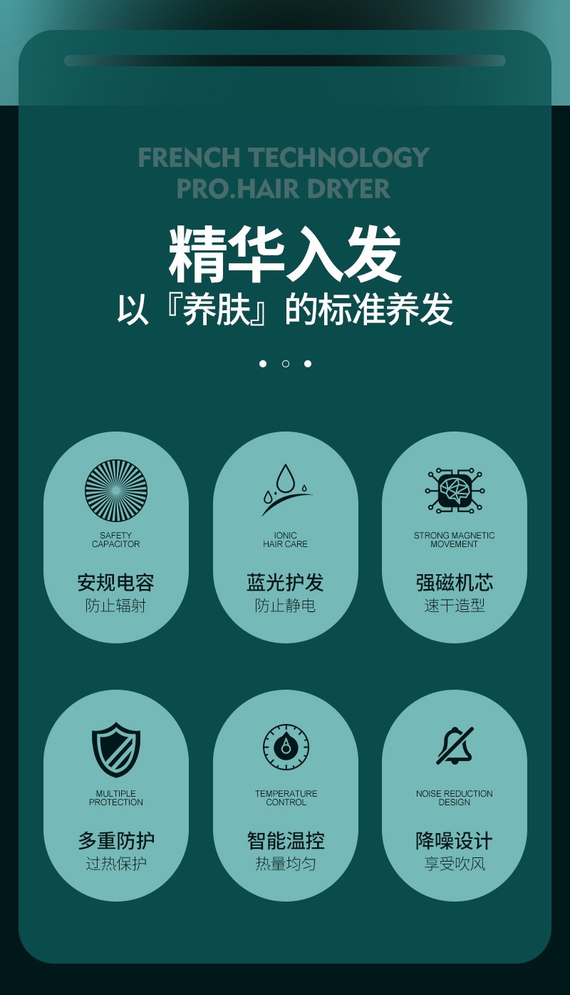 亚马逊跨境爆款吹风机家用宿舍大功率电吹风蓝光护发负离子吹风筒详情2
