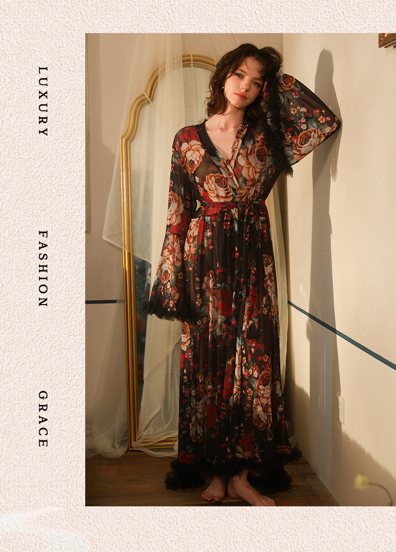 Ambiance vintage francés floral toga manga larga cuello en V fleece adorno con cordón cierre cintura inicio robe 1119 pic 12