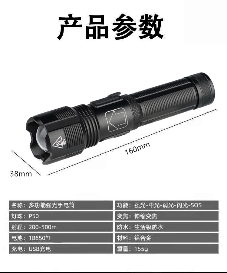 跨境新款XHP50远射USB充电便携手电COB聚光手电户外强光变焦电筒详情1
