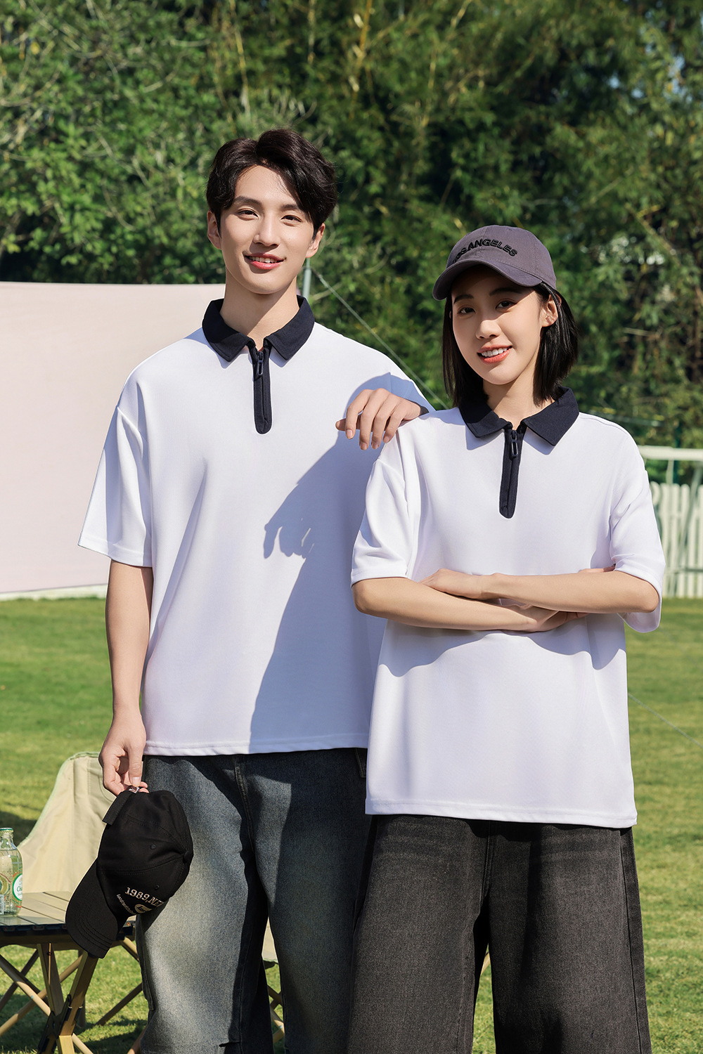 半拉链撞色polo衫工作服定制落肩翻领短袖刺绣学院风个性班服印字详情3