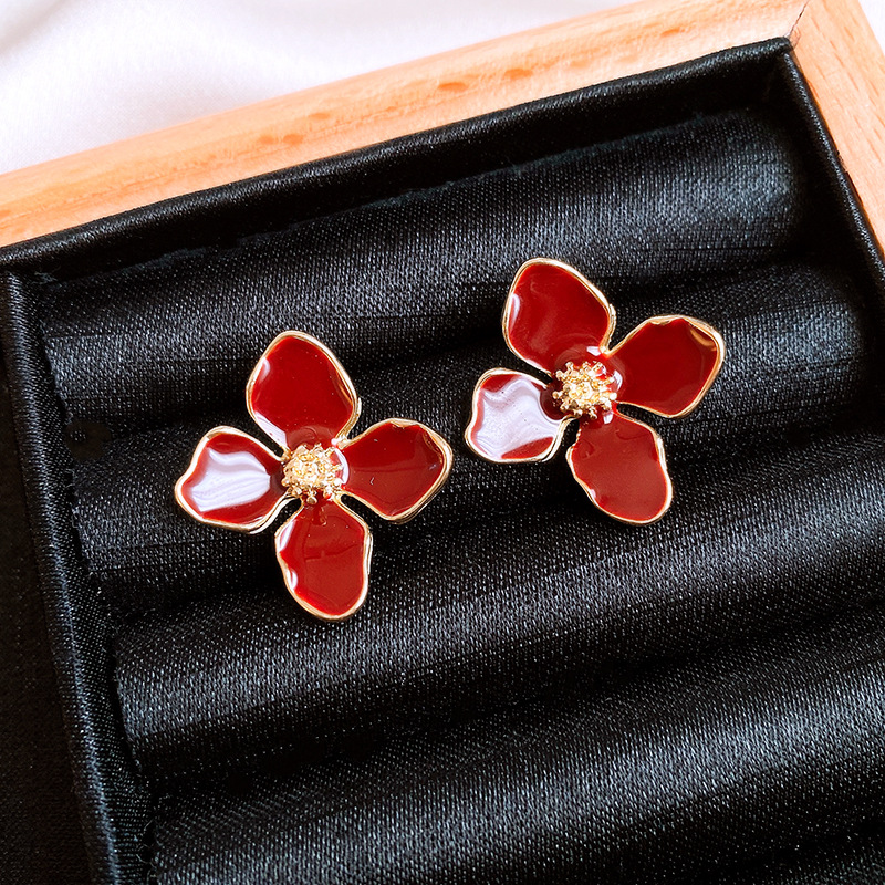 银针美拉德风咖色滴油四瓣花朵耳钉女气质耳环复古高级感耳饰批发详情8