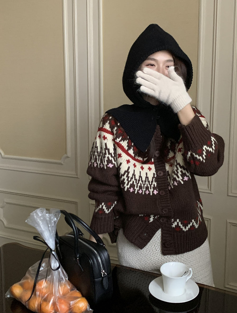 费尔岛复古美式少女撞色波普提花单排扣针织开衫厚实保暖毛衣外套详情8