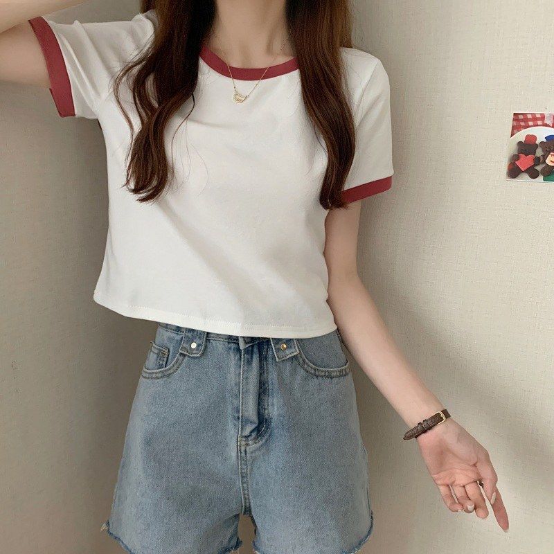 撞色圆领短袖t恤女2024年新款夏季打底衫韩版修身短款学生上衣潮详情19